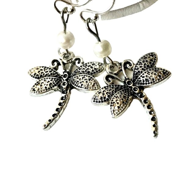 Dragonfly Earrings Silver Plated Pearl Hypo-allergenic Insect Sensitive Ears - Picture 1 of 10